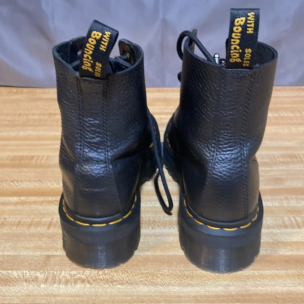Dr. Martens Black Pebbled Leather Platform Lace-Up Boots with Yellow Stitching